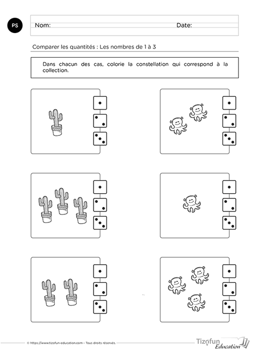 Activité de comparaison des quantités avec les constellations du dé en Petite Section.
