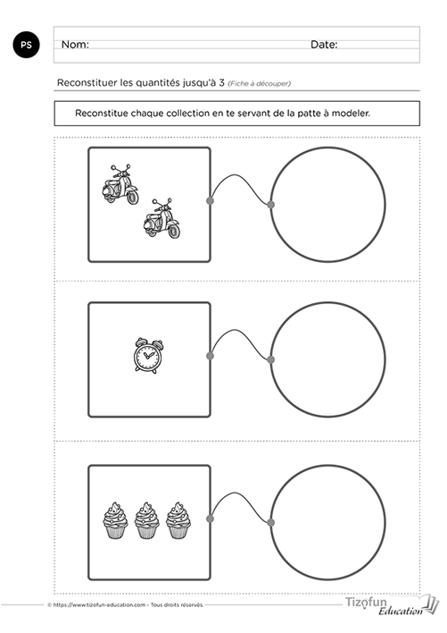Activité en Petite Section pour reconstituer une collection jusqu'à 3 avec la pâte à modeler.
