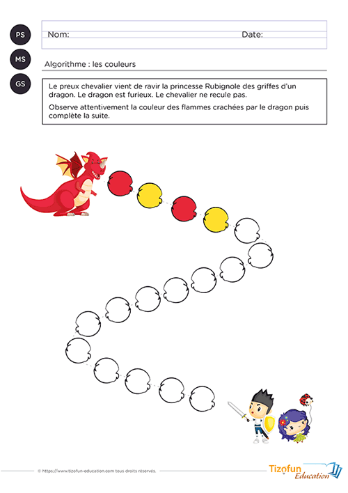 Algorithme couleurs maternelle à imprimer avec trois fiches progressives pour compléter une suite logique en PS, MS et GS.