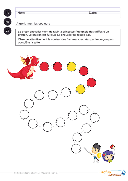 Fiche à imprimer pour apprendre les suites logiques avec couleurs de bases en maternelle PS MS