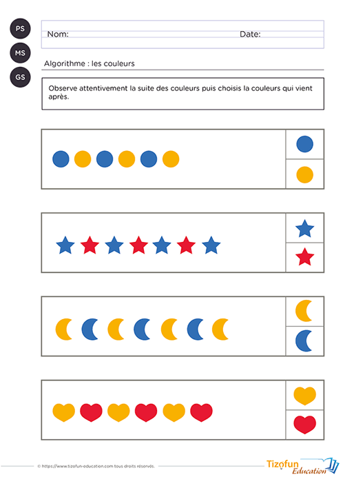Exercice pour apprendre à choisir la couleur qui vient après avoir fait preuve de logique et d'observation en maternelle