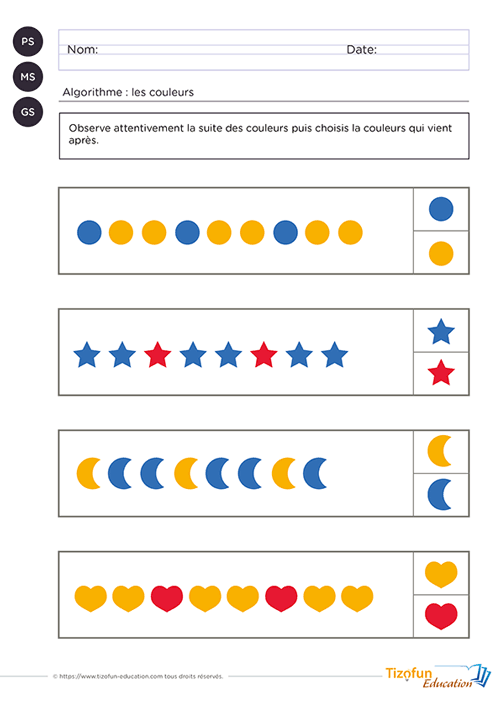 Fiche d'activité pour s'exercer sur les suites logiques basées sur l'alternance des couleurs en maternelle PS MS GS