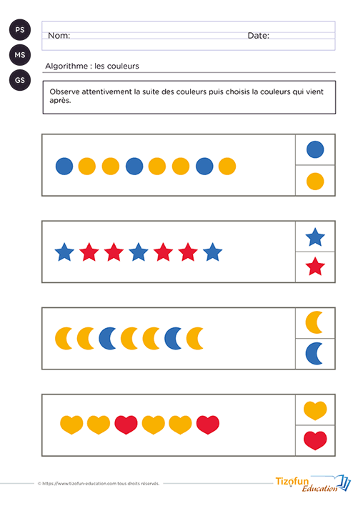 Prévisualiser la fiche d'algorithme sur les couleurs en maternelle - Choisir chaque couleur suivante pour développer le raisonnement logique en PS, MS et GS.