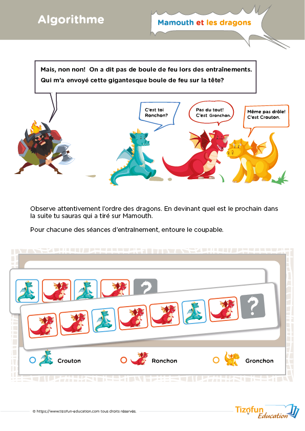 Prévisualisation du jeu algorithme dragons mystérieux maternelle avec Mamouth et les jeunes dragons.
