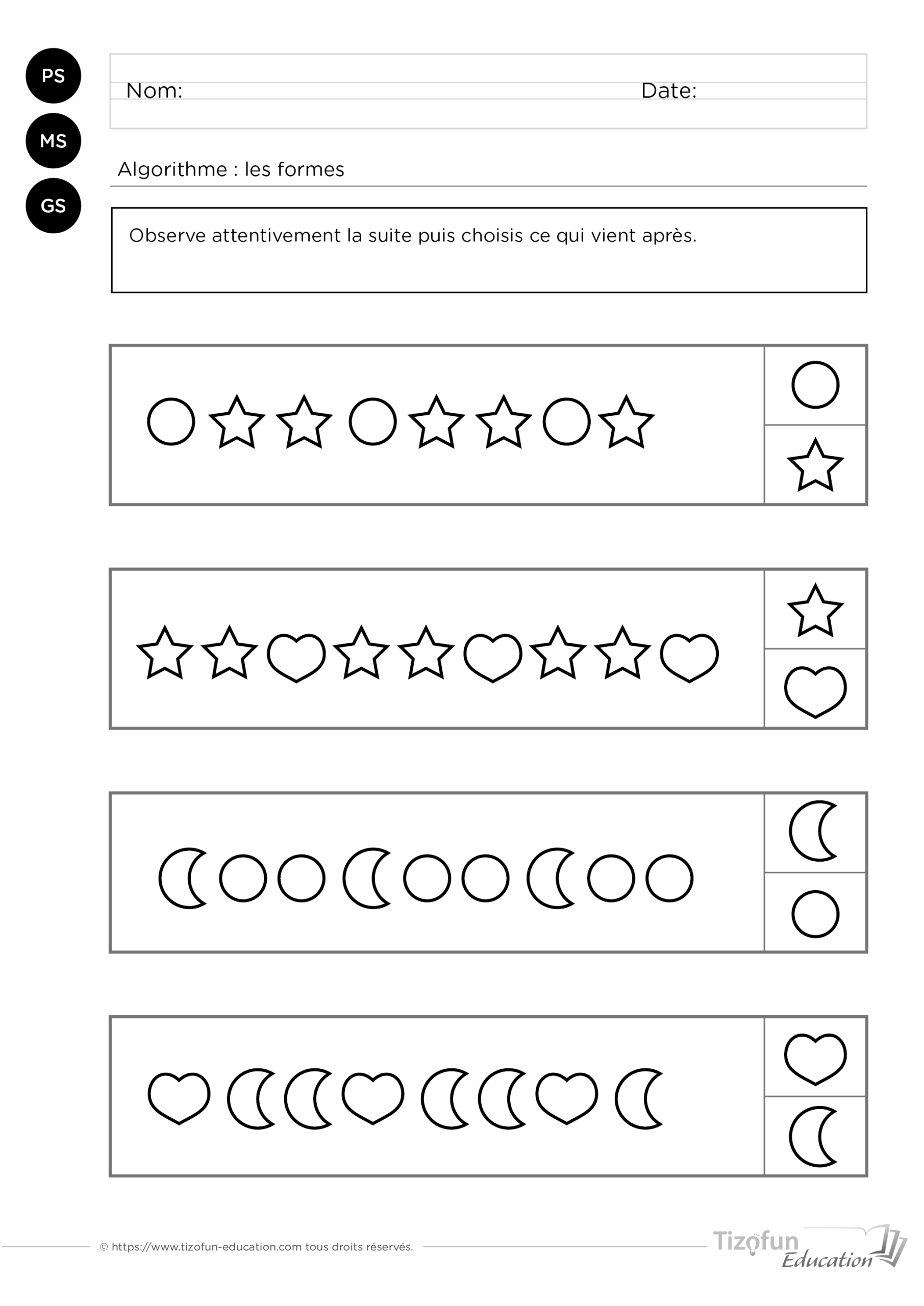 Prévisualisation des fiches d'algorithmes de formes à imprimer pour choisir la forme suivante en maternelle.