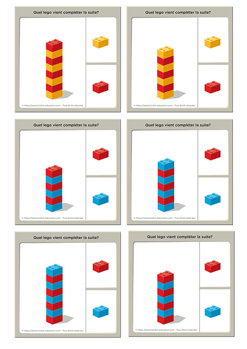 Prévisualisation des 12 cartes de suites logiques avec des briques de construction pour retrouver la prochaine brique.