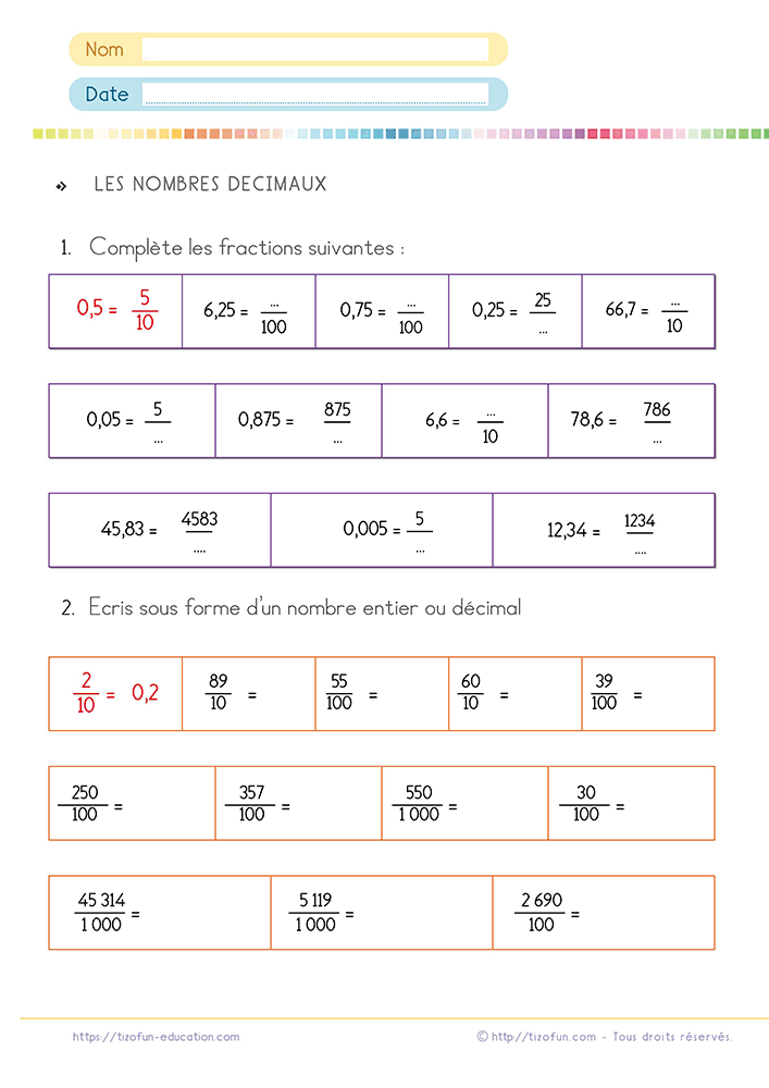 Support de numération proposant de passer des fractions aux nombres décimaux grâce à des exercices de conversion entre écriture fractionnaire et écriture à virgule du CM2 à la 6ème.