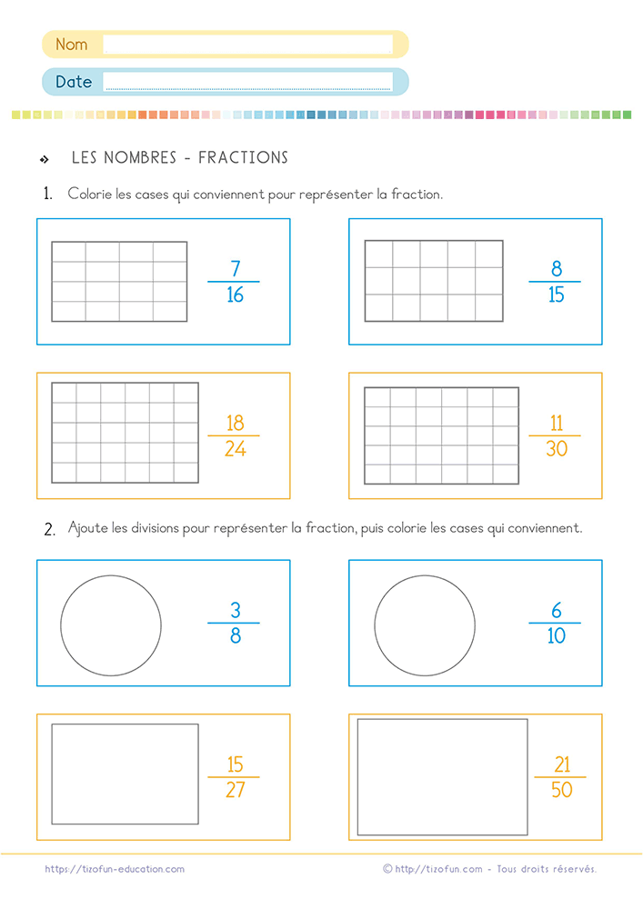 Activité de Mathématiques invitant à représenter une fraction par le coloriage et le découpage de grilles et de figures géométriques adaptées au cycle 3.