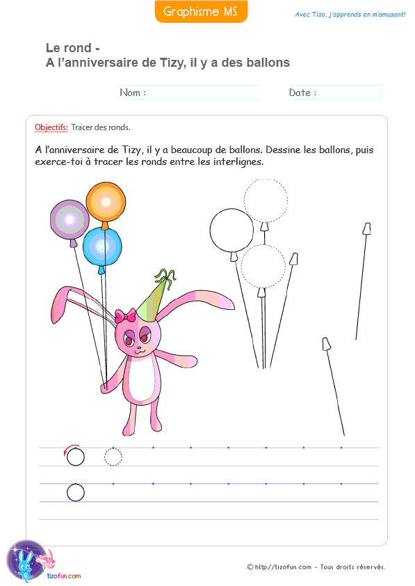 Support de graphisme où plusieurs ballons servent de modèle pour tracer un rond en Moyenne Section et préparer le geste d'écriture.