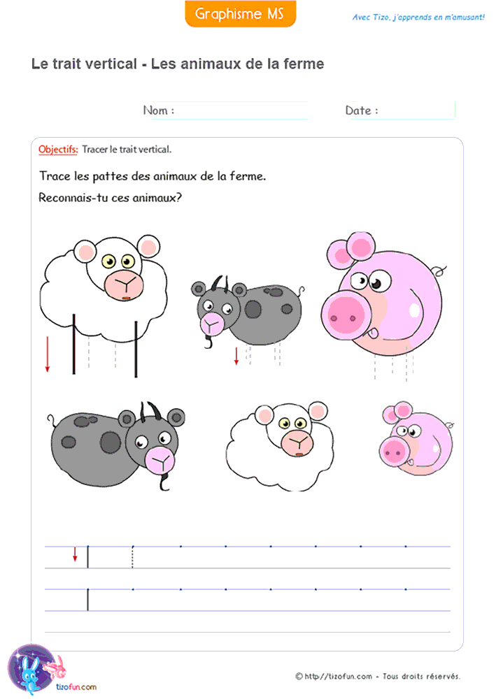 Activité de graphisme où les animaux de la ferme servent de modèles pour tracer un trait vertical en Moyenne Section et Grande Section.
