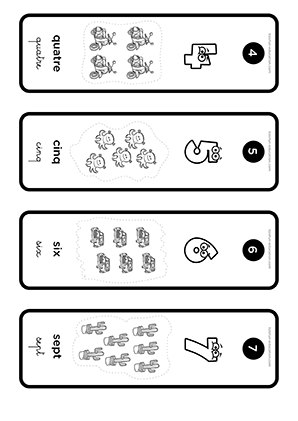 Cartes d'activites pedagogiques de numeration de 4 a 7 avec illustrations a denombrer.