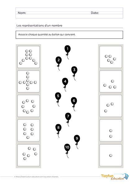Exercice pour relier quantité et chiffre en Maternelle avec des collections de points à associer aux nombres de 1 à 10.