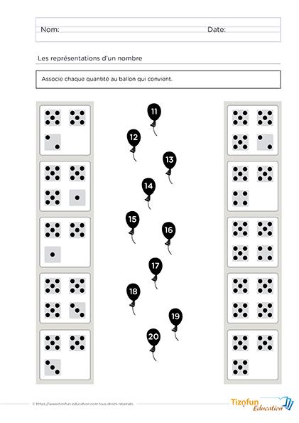 Exercice de dénombrement 11 à 20 en GS avec des constellations de dés à associer aux nombres représentés par des ballons.