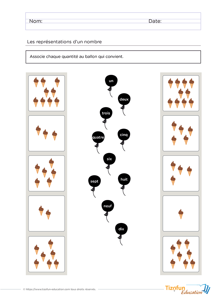 Fiche de numération proposant l'écriture des nombres en lettres en Maternelle avec des collections de glaces à associer aux ballons portant les mots de un à dix.