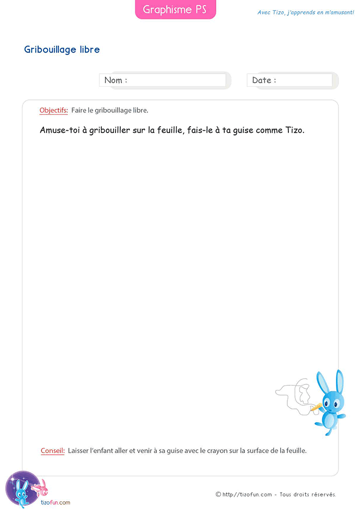 Activité de gribouillage libre en Petite Section invitant les enfants à explorer toute la feuille afin de développer les premiers gestes graphiques et la motricité fine.