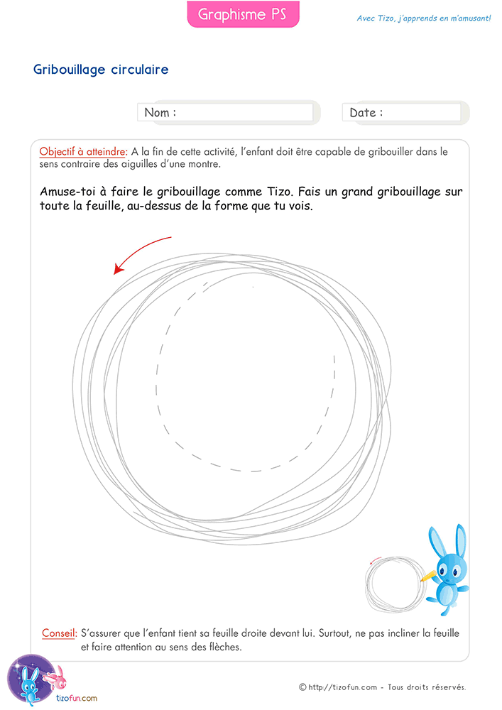 Fiche de gribouillage circulaire en Petite Section proposant un mouvement circulaire continu pour préparer les premiers tracés de pré-écriture.
