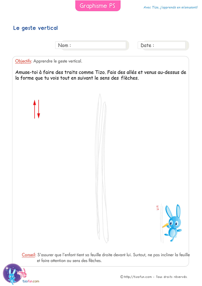 Activité de geste vertical en Petite Section proposant des allers-retours du crayon dans le sens des flèches afin de renforcer la maîtrise du tracé graphique.