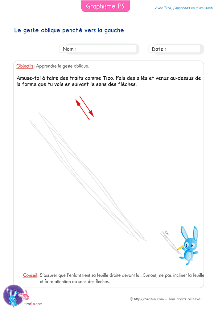 Fiche de geste oblique vers la gauche en Petite Section proposant des allers-retours sur une diagonale afin de développer la maîtrise du geste graphique.