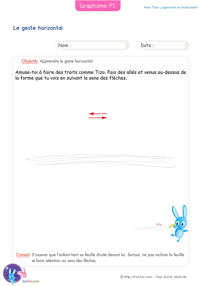 Activité sur le geste horizontal en Petite Section proposant des allers-retours du crayon sur une ligne afin de renforcer la maîtrise du geste graphique.