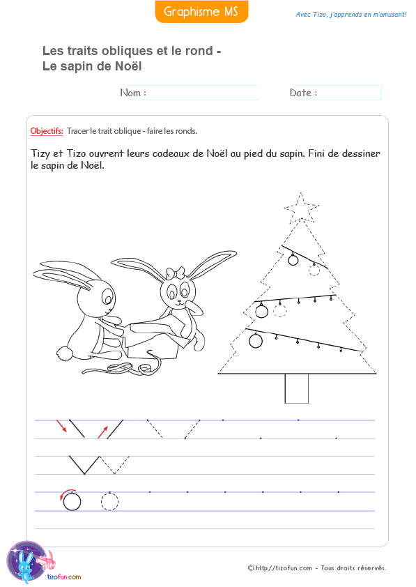 Activité de graphisme où un sapin de Noël aide les enfants de MS et GS à tracer des traits obliques et des ronds avant l'écriture.