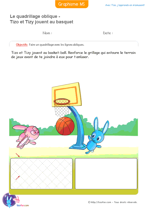 Activité de graphisme MS GS où le décor d'un terrain de basket permet de tracer un quadrillage oblique en avant les premiers apprentissages de l'écriture.
