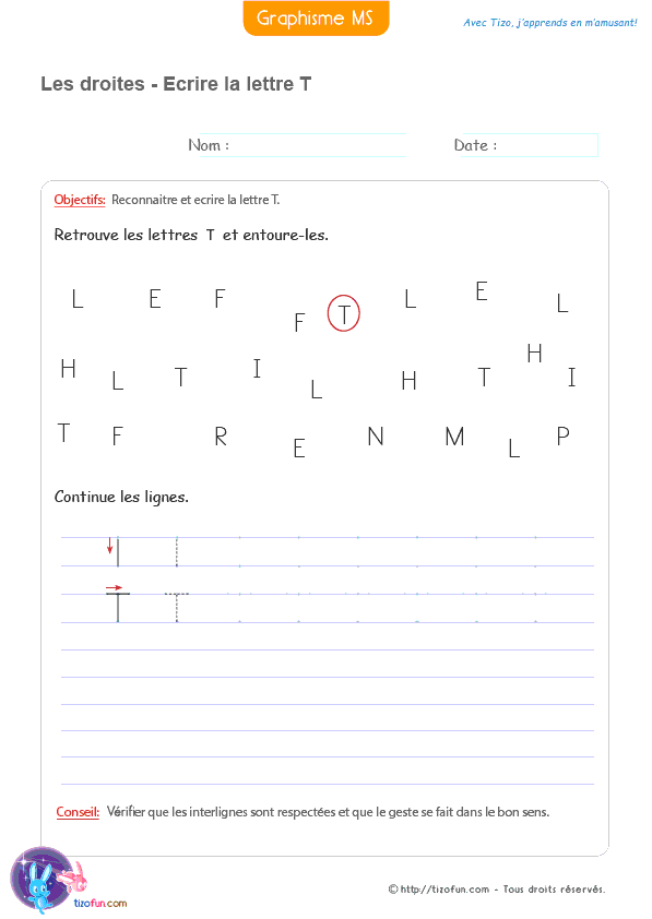 Support pédagogique proposant de reconnaître la lettre T avant de la reproduire sur des lignes d'écriture.