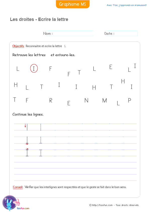 Activité de graphisme où les enfants apprennent à reconnaître la lettre I avant de l'écrire, aussi bien en MS qu'en GS.