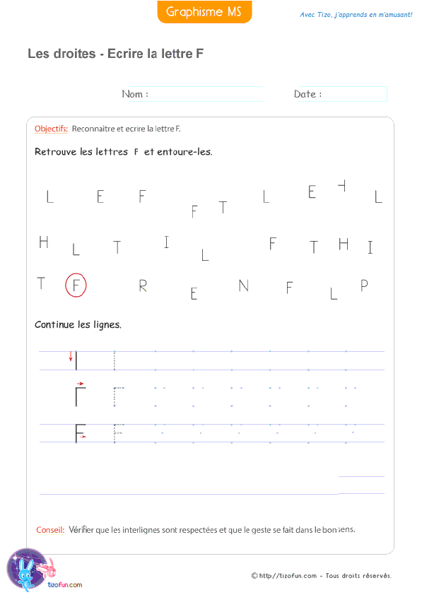 Activité de graphisme où les enfants apprennent à reconnaître la lettre F avant de l'écrire, aussi bien en MS qu'en GS.