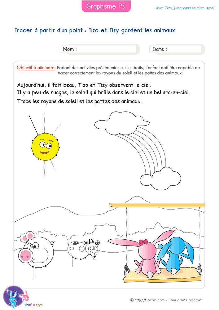 Activité pour tracer à partir d'un point en Petite Section afin de compléter les rayons du soleil et les pattes des animaux avec des traits dirigés.