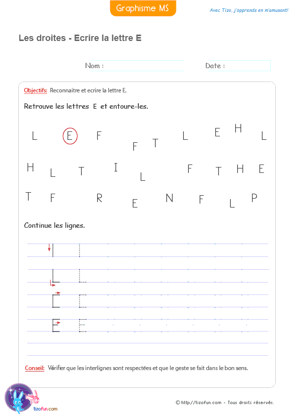 Activité de graphisme pour reconnaître et écrire la lettre E en MS et GS avec des lignes droites.