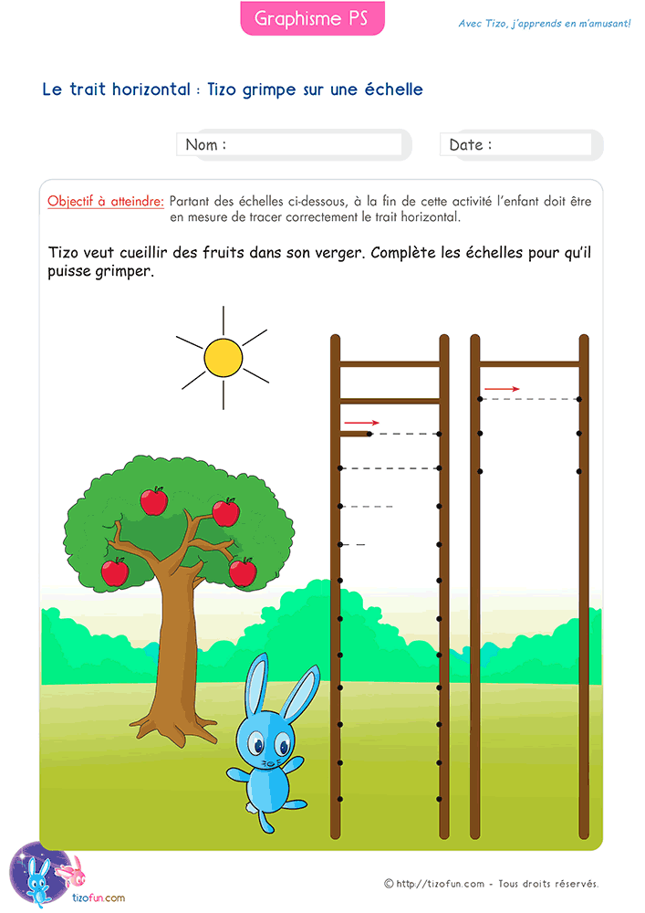 Activité pour tracer un trait horizontal en Petite Section en complétant les barreaux d'échelles afin de développer le geste graphique.