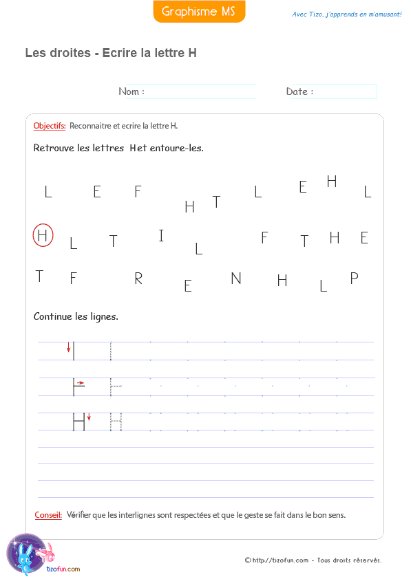Support pédagogique permettant de reconnaître et écrire la lettre H en MS et GS avec des lignes droites avant les premiers exercices d'écriture.
