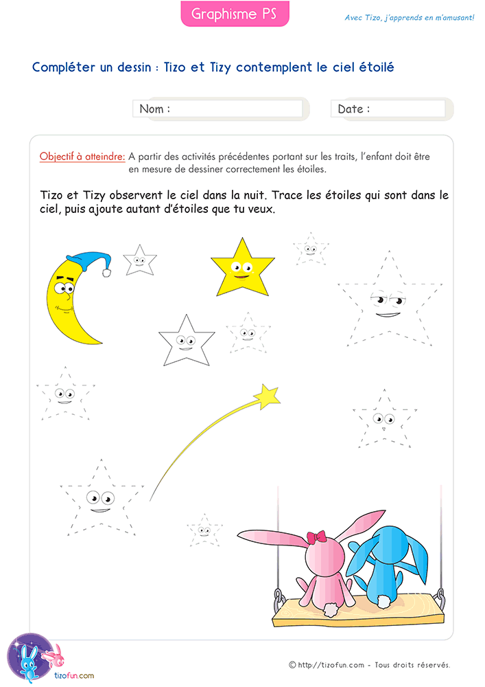 Activité de dessiner des étoiles en Petite Section à partir de modèles et de contours pointillés afin d'améliorer la précision des premiers gestes graphiques.