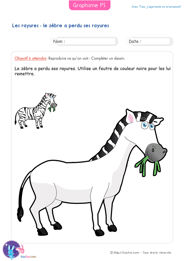 Activité pour reproduire les rayures d'un zèbre en Petite Section afin de compléter un dessin en observant un modèle graphique.
