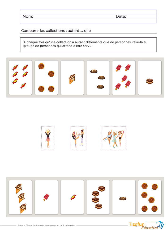 Support pédagogique permettant de comparer les collections avec « autant que » en Maternelle GS grâce à un exercice où les enfants associent des collections équivalentes en les reliant aux bons groupes de personnages.