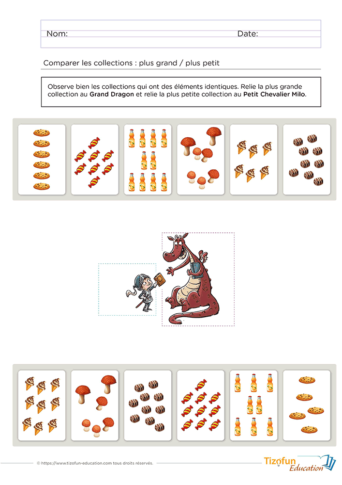 Activité pour comparer des collections de 1 à 10 en GS mettant en scène le Grand Dragon et le Petit Chevalier Milo afin d'identifier les collections les plus grandes et les plus petites.