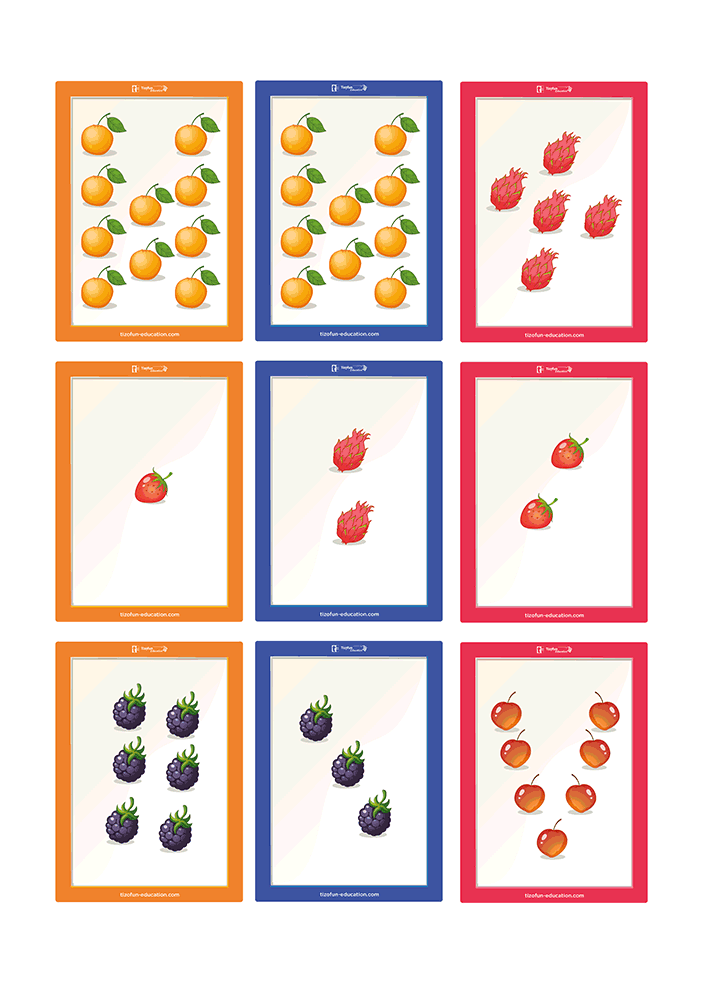 Planche de cartes illustrées pour apprendre à comparer les collections avec Milo à l'aide de glaces, bonbons, poires, biscuits et boissons de différentes quantités.