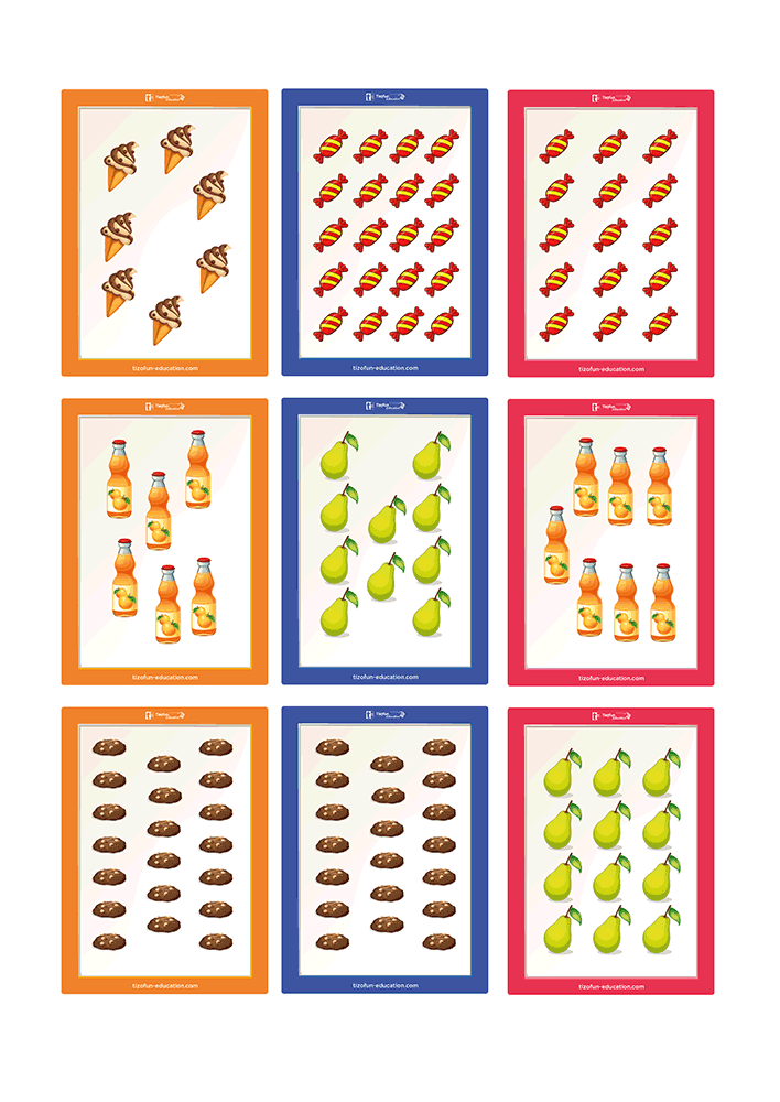 Planche complémentaire de cartes pour apprendre à comparer les collections avec Milo en manipulant des oranges, mûres, pitayas, cerises et autres collections jusqu'à 20 éléments.