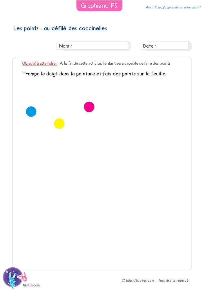 Activité pour faire des points en Petite Section avec de la peinture au doigt afin de développer le geste graphique et la motricité fine.