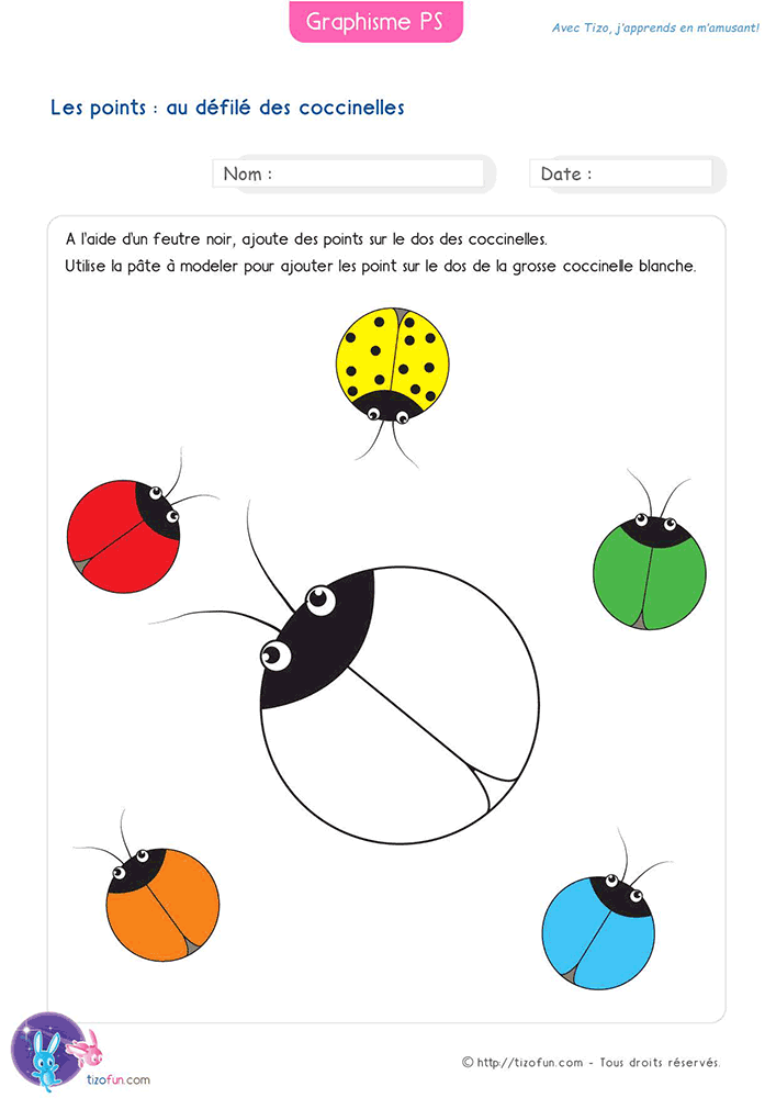 Activité sur les points des coccinelles en Petite Section utilisant un feutre et de la pâte à modeler pour développer le geste graphique.