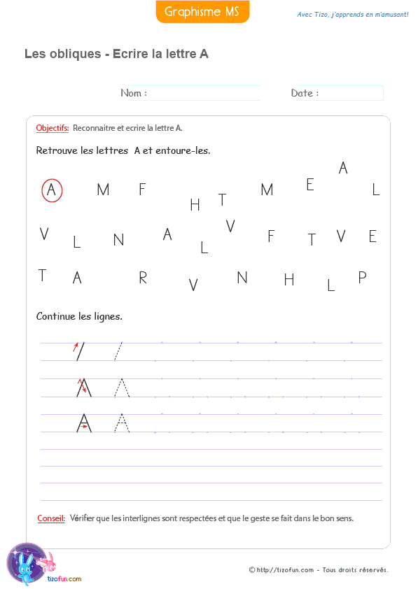 Fiche de graphisme MS GS avec un exercice de reconnaissance de la lettre A et des modèles pour apprendre à écrire la lettre A en capitale à l'aide de lignes obliques.