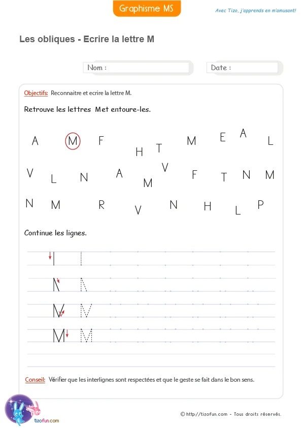 Fiche de graphisme MS GS avec un exercice pour reconnaître la lettre M parmi plusieurs lettres et apprendre à écrire la lettre M capitale à partir d'un modèle guidé.