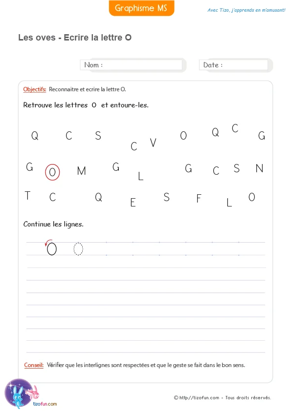 Fiche de graphisme de Maternelle MS et GS permettant de reconnaître la lettre O parmi plusieurs lettres puis de s'entraîner à écrire la lettre O capitale avec un modèle.