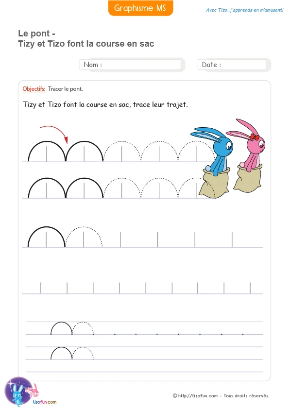 Activité de graphisme où une course en sac permet aux enfants de MS et GS d'apprendre à tracer le pont avant les premiers gestes d'écriture.