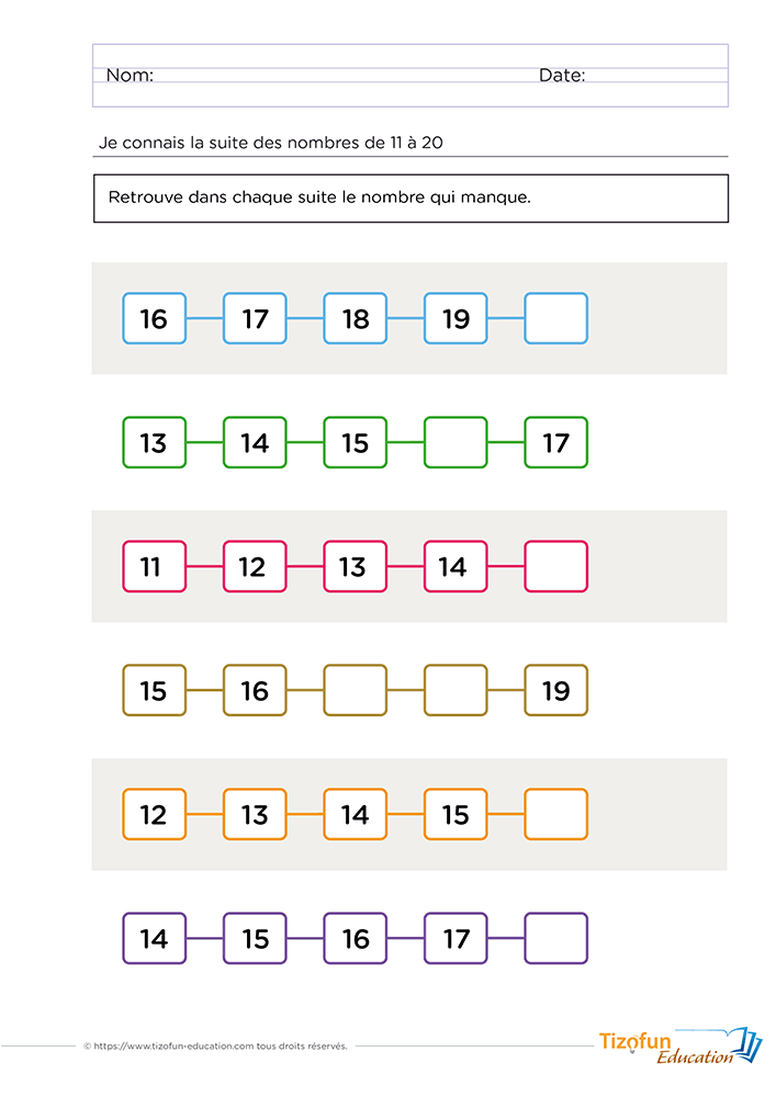 Exercice pour compléter les suites des nombres de 11 à 20 en GS en retrouvant les nombres manquants dans plusieurs séries numériques progressives.