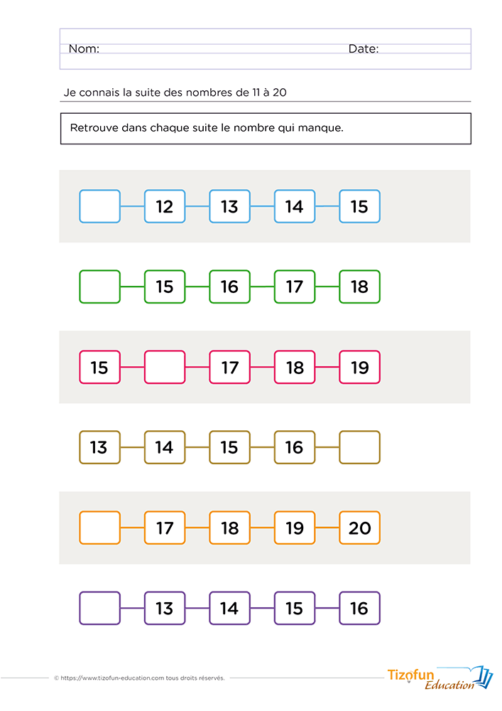Activité sur la bande numérique de 11 à 20 en GS où le nombre précédent doit être retrouvé afin de compléter correctement chaque suite numérique.