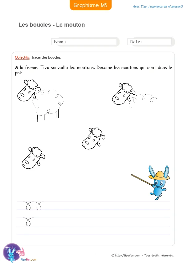 Activité de graphisme où les enfants complètent la laine des moutons en traçant des boucles régulières en MS et GS.