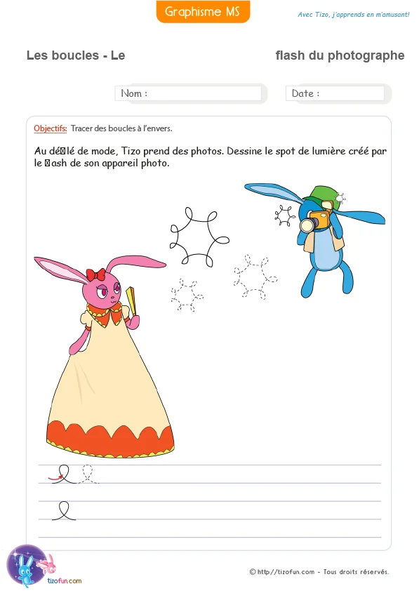 Activité de graphisme où les enfants complètent les éclats du flash d'un photographe avec des boucles à l'envers en MS et GS.