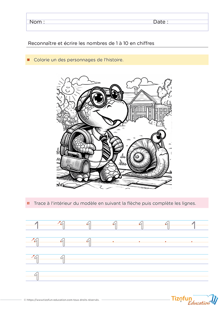 Fiche pour apprendre à écrire le chiffre 1 en GS et CP avec une scène à colorier, un modèle fléché et des lignes de graphisme progressives.
