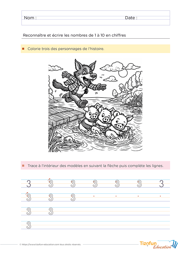 Fiche pour apprendre à écrire le chiffre 3 en GS et CP avec le conte des Trois Petits Cochons, un modèle fléché et des lignes de graphisme progressives.